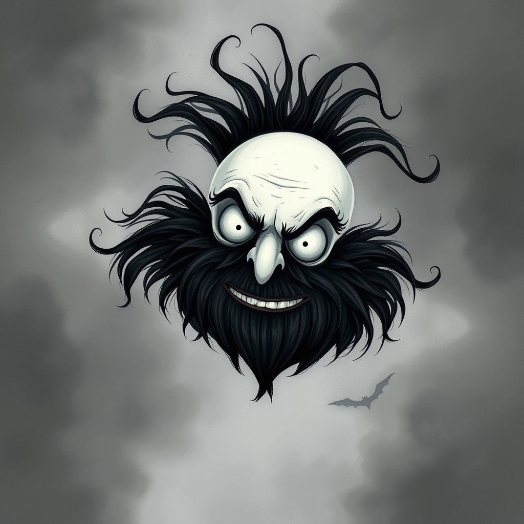 An imaginative illustration in the iconic Tim Burton style, featuring a pale white bald man adorned with a dark black and gray beard