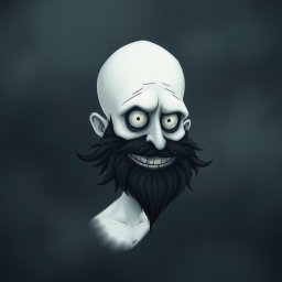 An imaginative illustration in the iconic Tim Burton style, featuring a pale white bald man adorned with a dark black and gray beard