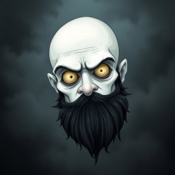 An imaginative illustration in the iconic Tim Burton style, featuring a pale white bald man adorned with a dark black and gray beard