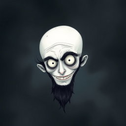 An imaginative illustration in the iconic Tim Burton style, featuring a pale white bald man adorned with a dark black and gray beard