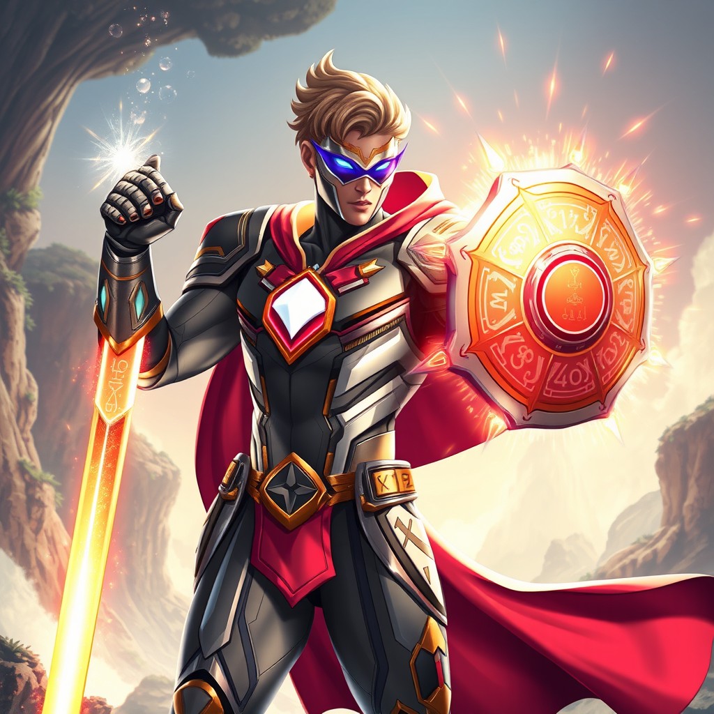 A futuristic superhero character with a striking design, inspired by the themes of the Ancient of Days and the Holy Spirit, featuring vibrant energy and divine elements