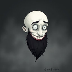A whimsical illustration in the signature Tim Burton style, featuring a pale white bald man with a dark black and gray beard