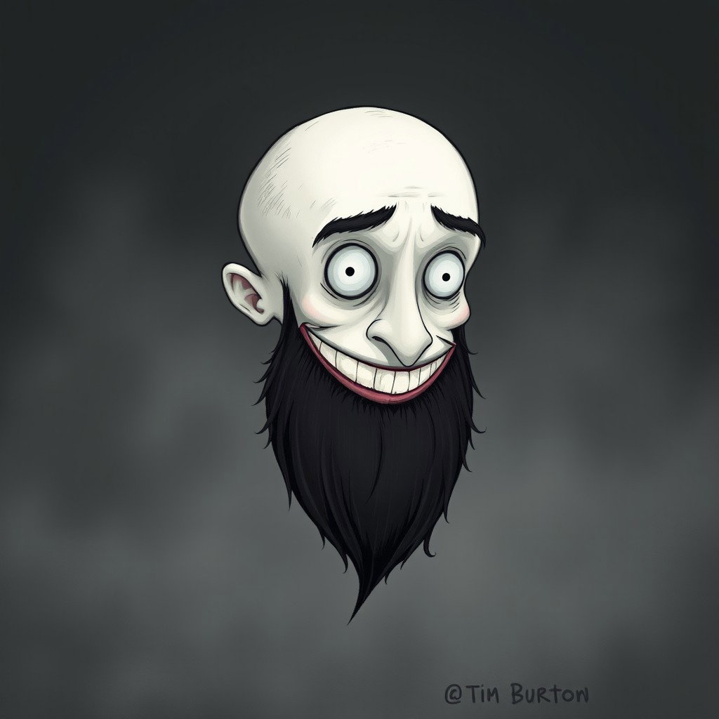A whimsical illustration in the signature Tim Burton style, featuring a pale white bald man with a dark black and gray beard