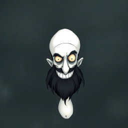 A whimsical illustration in the signature Tim Burton style, featuring a pale white bald man with a dark black and gray beard
