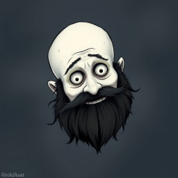 A whimsical illustration in the signature Tim Burton style, featuring a pale white bald man with a dark black and gray beard