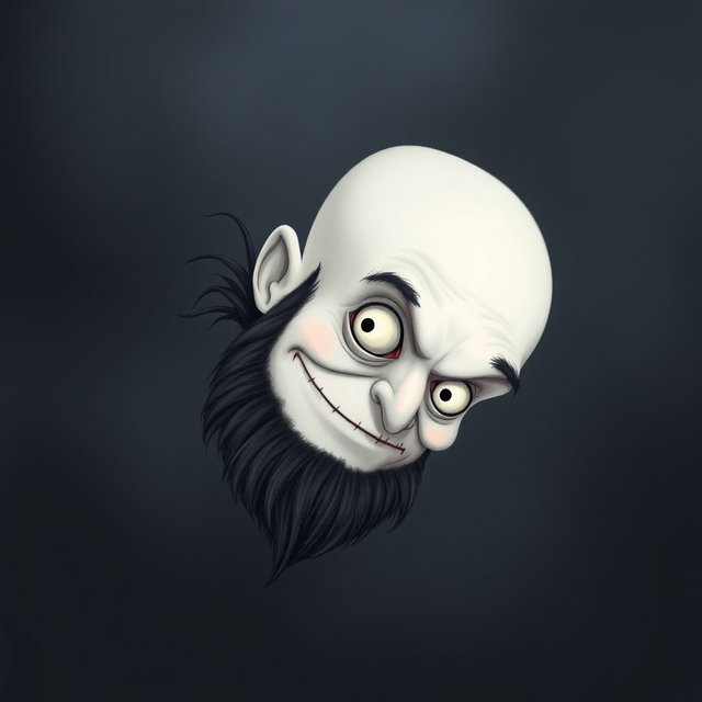 A whimsical illustration in the signature Tim Burton style, featuring a pale white bald man with a dark black and gray beard
