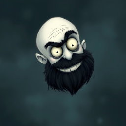A captivating illustration in the whimsical Tim Burton art style, depicting a pale white bald man with a dark black and gray beard