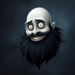 A captivating illustration in the whimsical Tim Burton art style, depicting a pale white bald man with a dark black and gray beard