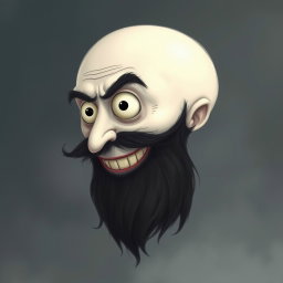 A captivating illustration in the whimsical Tim Burton art style, depicting a pale white bald man with a dark black and gray beard