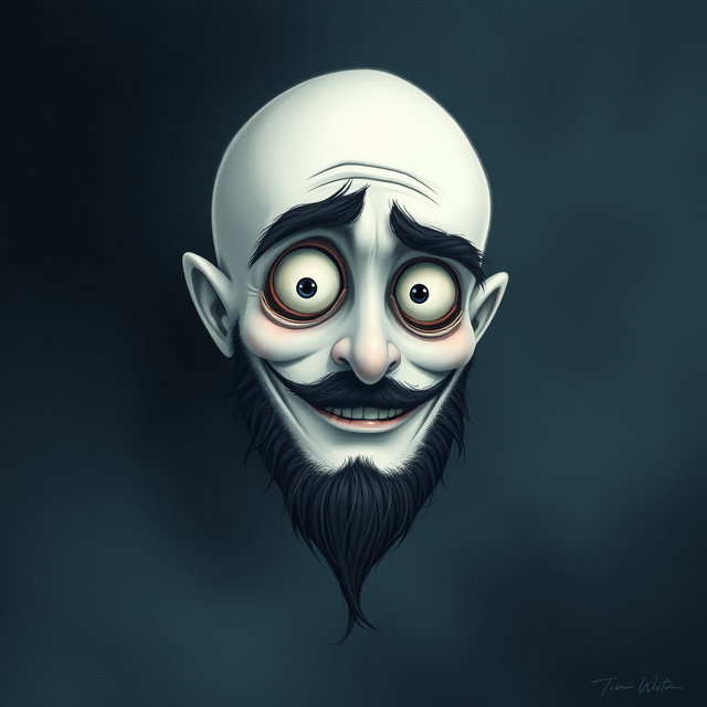 A captivating illustration in the whimsical Tim Burton art style, depicting a pale white bald man with a dark black and gray beard