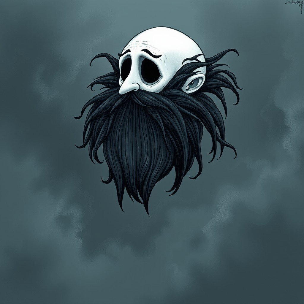 A whimsical and eerie illustration in the distinctive Tim Burton drawing style, featuring a pale white bald man with an exaggerated dark black and gray beard