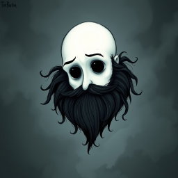 A whimsical and eerie illustration in the distinctive Tim Burton drawing style, featuring a pale white bald man with an exaggerated dark black and gray beard