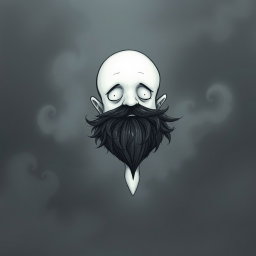A whimsical and eerie illustration in the distinctive Tim Burton drawing style, featuring a pale white bald man with an exaggerated dark black and gray beard
