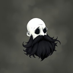 A whimsical and eerie illustration in the distinctive Tim Burton drawing style, featuring a pale white bald man with an exaggerated dark black and gray beard