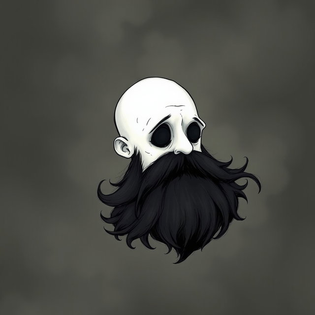 A whimsical and eerie illustration in the distinctive Tim Burton drawing style, featuring a pale white bald man with an exaggerated dark black and gray beard