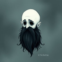 A whimsical and eerie illustration in the distinctive Tim Burton drawing style, featuring a pale white bald man with an exaggerated dark black and gray beard