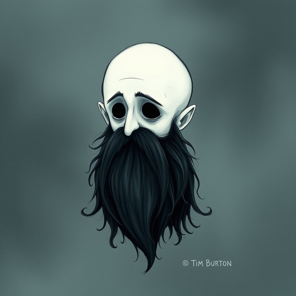 A whimsical and eerie illustration in the distinctive Tim Burton drawing style, featuring a pale white bald man with an exaggerated dark black and gray beard