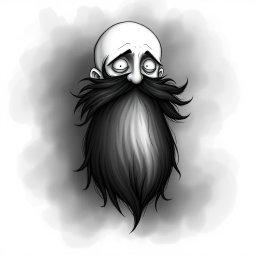A whimsical and eerie illustration in the distinctive Tim Burton drawing style, featuring a pale white bald man with an exaggerated dark black and gray beard