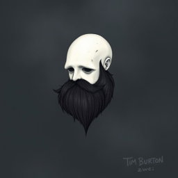 A whimsical and eerie illustration in the distinctive Tim Burton drawing style, featuring a pale white bald man with an exaggerated dark black and gray beard