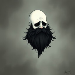 A whimsical and eerie illustration in the distinctive Tim Burton drawing style, featuring a pale white bald man with an exaggerated dark black and gray beard