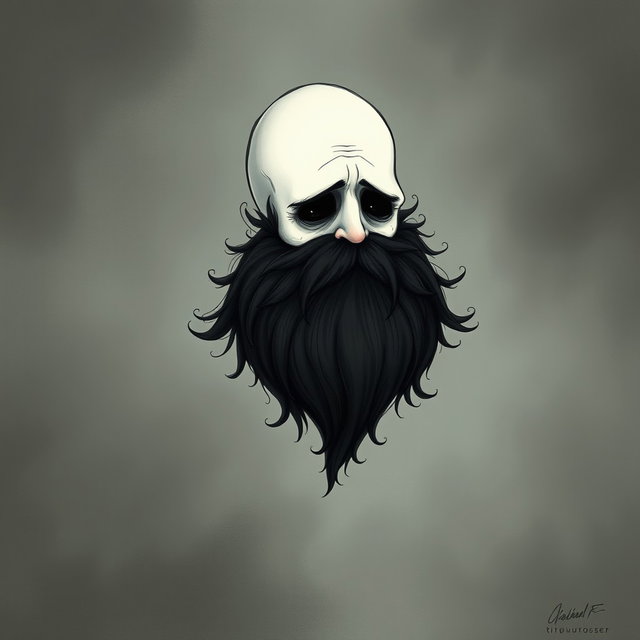 A whimsical and eerie illustration in the distinctive Tim Burton drawing style, featuring a pale white bald man with an exaggerated dark black and gray beard