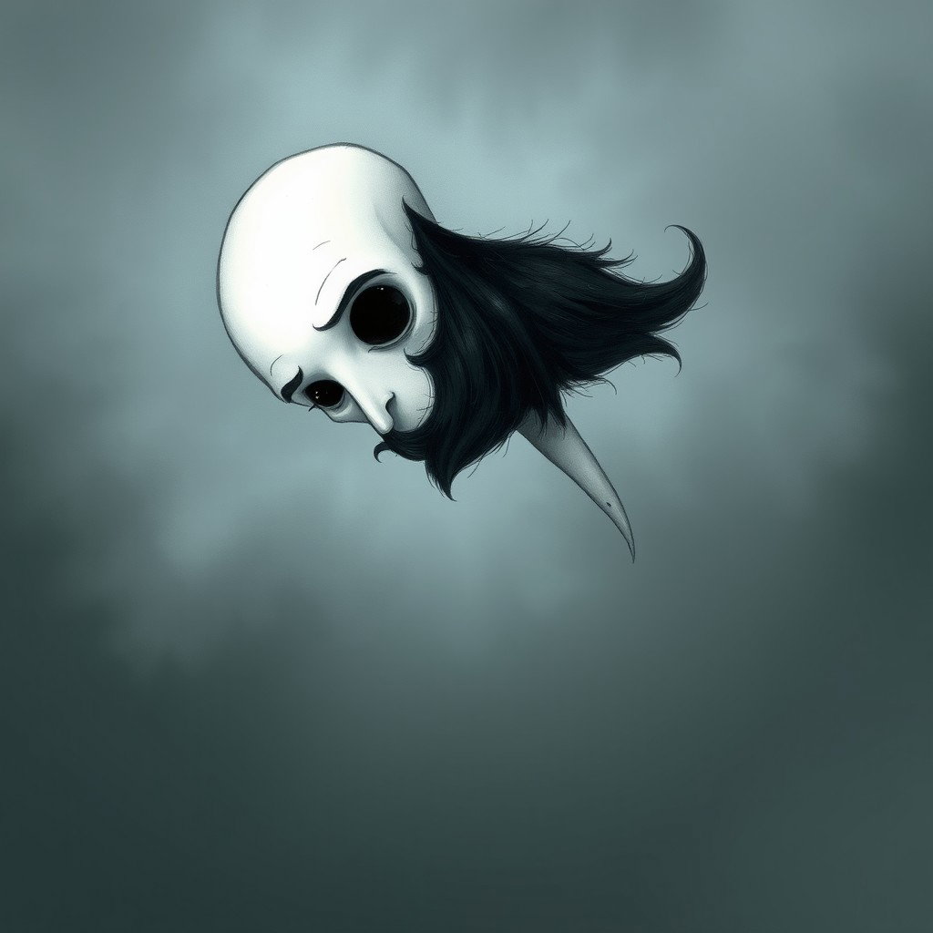 A whimsical and eerie illustration in the distinctive Tim Burton drawing style, showcasing a pale white bald man characterized by a prominent dark black and gray beard