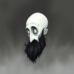 A whimsical and eerie illustration in the distinctive Tim Burton drawing style, showcasing a pale white bald man characterized by a prominent dark black and gray beard