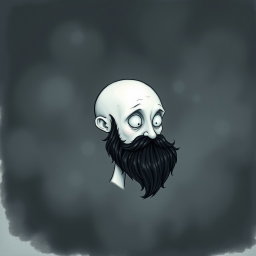A whimsical and eerie illustration in the distinctive Tim Burton drawing style, showcasing a pale white bald man characterized by a prominent dark black and gray beard