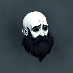 A whimsical and eerie illustration in the distinctive Tim Burton drawing style, showcasing a pale white bald man characterized by a prominent dark black and gray beard