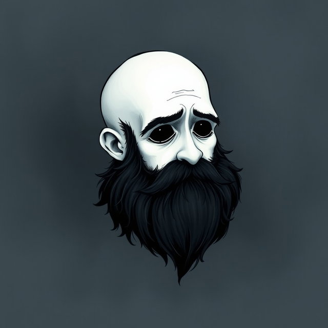 A whimsical and eerie illustration in the distinctive Tim Burton drawing style, showcasing a pale white bald man characterized by a prominent dark black and gray beard