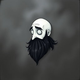 A whimsical and eerie illustration in the distinctive Tim Burton drawing style, showcasing a pale white bald man with a striking dark black and gray beard