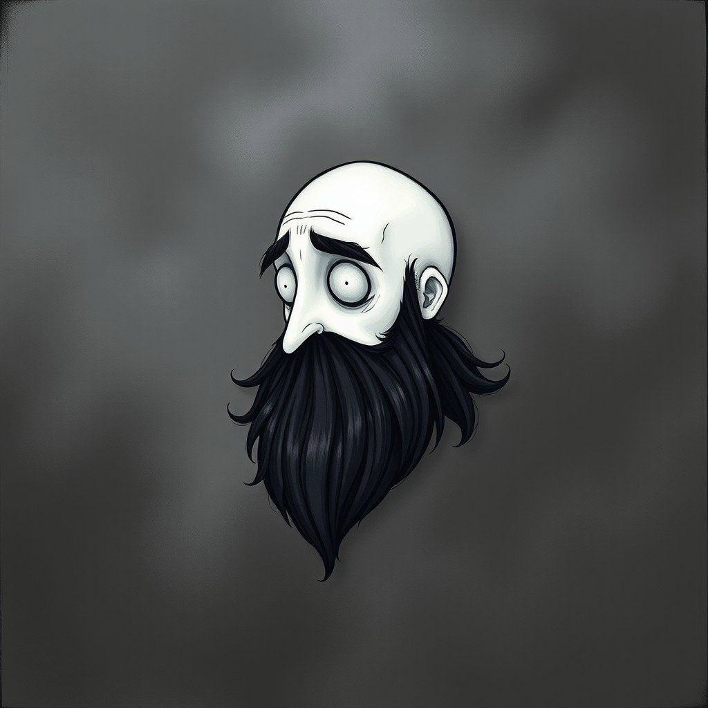 A whimsical and eerie illustration in the distinctive Tim Burton drawing style, showcasing a pale white bald man with a striking dark black and gray beard