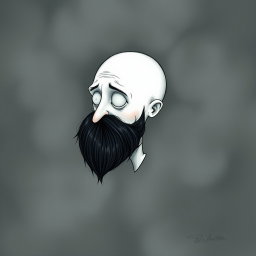 A whimsical and eerie illustration in the distinctive Tim Burton drawing style, showcasing a pale white bald man with a striking dark black and gray beard