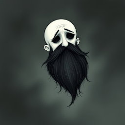 A whimsical and eerie illustration in the distinctive Tim Burton drawing style, showcasing a pale white bald man with a striking dark black and gray beard