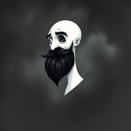 A whimsical and eerie illustration in the distinctive Tim Burton drawing style, showcasing a pale white bald man with a striking dark black and gray beard