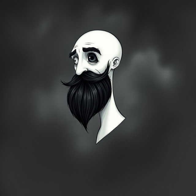 A whimsical and eerie illustration in the distinctive Tim Burton drawing style, showcasing a pale white bald man with a striking dark black and gray beard