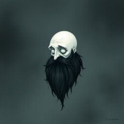 A whimsical and eerie illustration in the iconic Tim Burton drawing style, depicting a pale white bald man characterized by a prominent dark black and gray beard