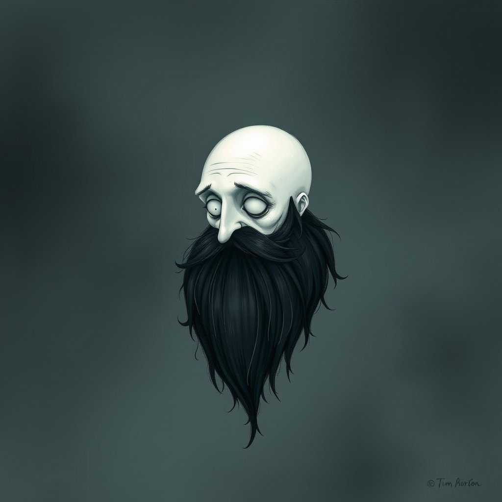 A whimsical and eerie illustration in the iconic Tim Burton drawing style, depicting a pale white bald man characterized by a prominent dark black and gray beard