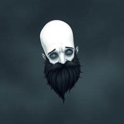 A whimsical and eerie illustration in the iconic Tim Burton drawing style, depicting a pale white bald man characterized by a prominent dark black and gray beard