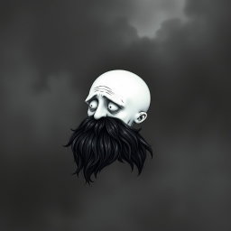 A whimsical and eerie illustration in the iconic Tim Burton drawing style, depicting a pale white bald man characterized by a prominent dark black and gray beard