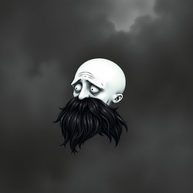 A whimsical and eerie illustration in the iconic Tim Burton drawing style, depicting a pale white bald man characterized by a prominent dark black and gray beard