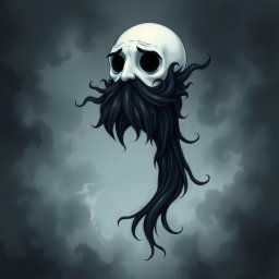 A whimsical and eerie illustration in the iconic Tim Burton drawing style, featuring a pale white bald man adorned with a dark black and gray beard