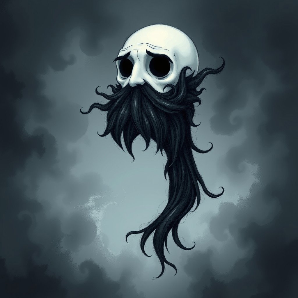 A whimsical and eerie illustration in the iconic Tim Burton drawing style, featuring a pale white bald man adorned with a dark black and gray beard