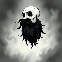 A whimsical and eerie illustration in the iconic Tim Burton drawing style, featuring a pale white bald man adorned with a dark black and gray beard