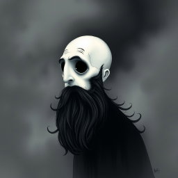 A whimsical and eerie illustration in the iconic Tim Burton drawing style, featuring a pale white bald man adorned with a dark black and gray beard