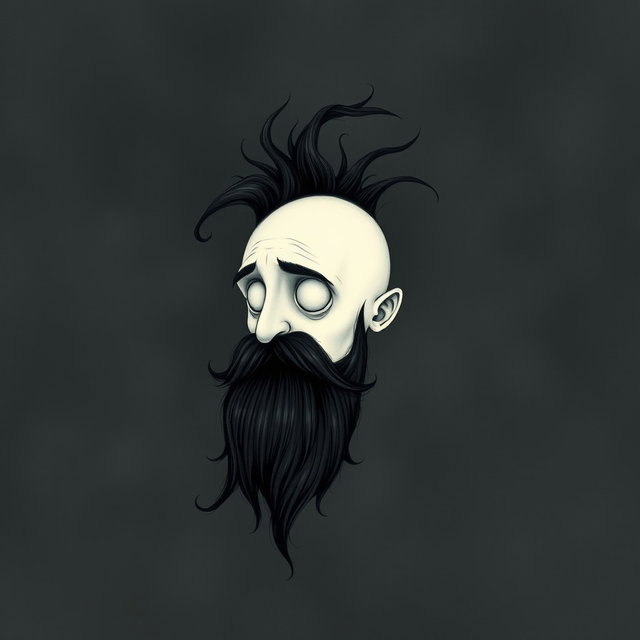 A whimsical and eerie illustration in the iconic Tim Burton drawing style, featuring a pale white bald man adorned with a dark black and gray beard