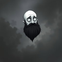 A whimsical and eerie illustration in the signature Tim Burton drawing style, focusing on a pale white bald man with a dark black and gray beard