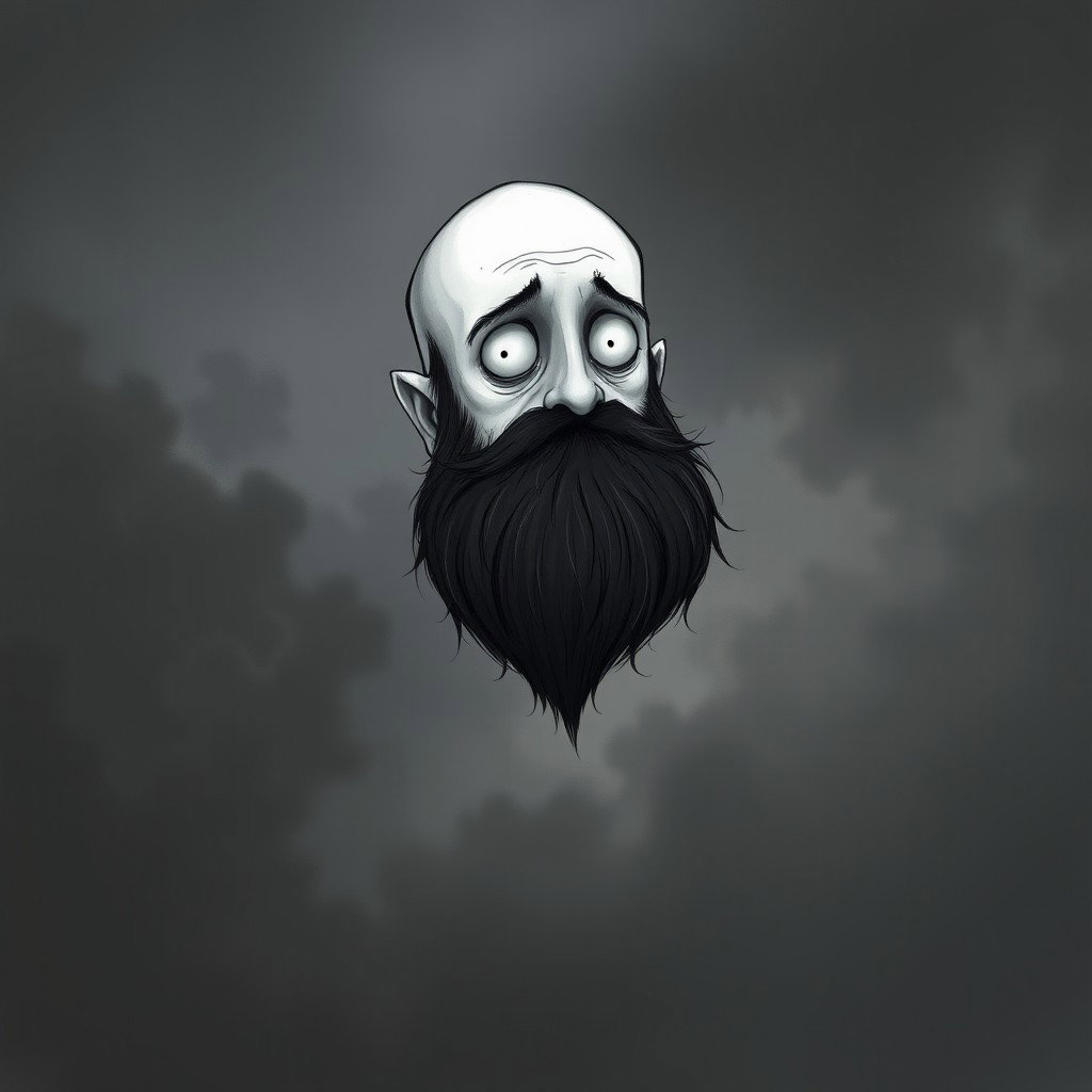 A whimsical and eerie illustration in the signature Tim Burton drawing style, focusing on a pale white bald man with a dark black and gray beard