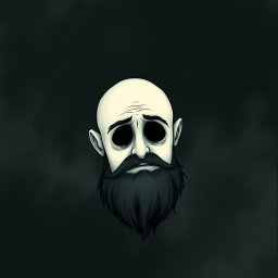 A whimsical and eerie illustration in the signature Tim Burton drawing style, focusing on a pale white bald man with a dark black and gray beard