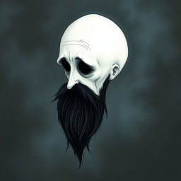 A whimsical and eerie illustration in the signature Tim Burton drawing style, focusing on a pale white bald man with a dark black and gray beard